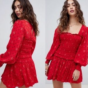 New Free People Two Faces Milkmaid Mini Dress Floral Smocked Puff Sleeve Red